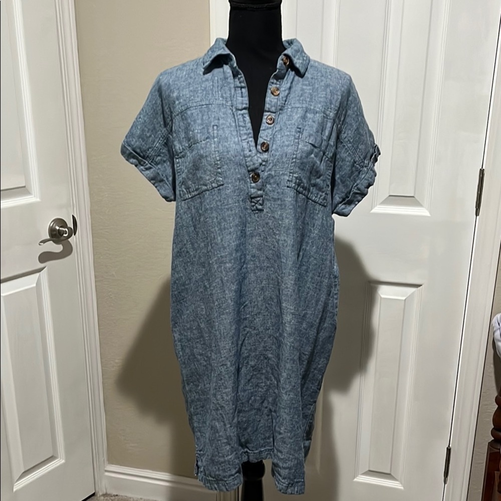 Sonoma Blue Midi Shirt Dress with Cuffed Sleeves and Polo Collar